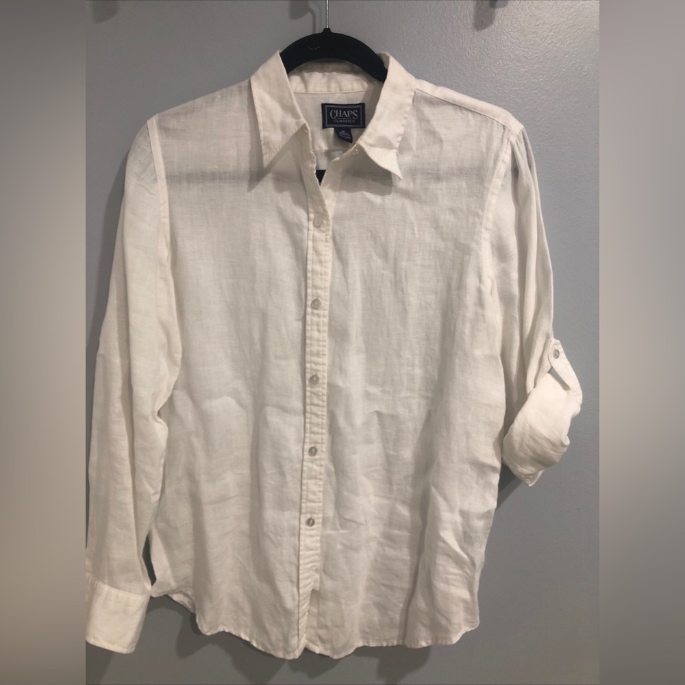 Chaps 100% Linen Long Sleeve Button Up Shirt Women Sz Med White Roll Tab Sleeve
